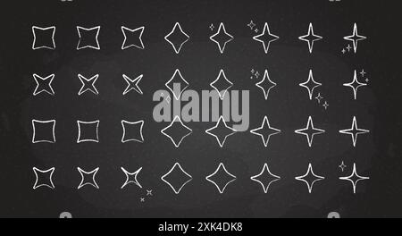 Set di motivi astratti a stella scintillante. Collezione di fantasie stellari in stile gesso bianco isolata sulla lavagna. Fuochi d'artificio per festeggiare il carnevale scolastico Illustrazione Vettoriale