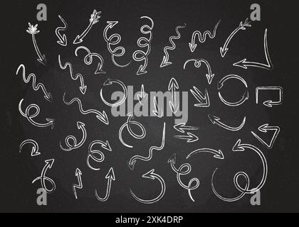 Illustrazione vettoriale della collezione di frecce disegnate a mano in stile gesso. Curve e spirali, frecce rotonde e torsioni in stile doodle con contorno grunge. Contorno bianco Illustrazione Vettoriale