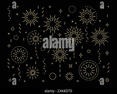 Set di fuochi d'artificio con motivo oro astratto. Collezione di motivi pirotecnici a forma di stella art deco isolata su sfondo nero con raggi e sentieri. Carniva Illustrazione Vettoriale