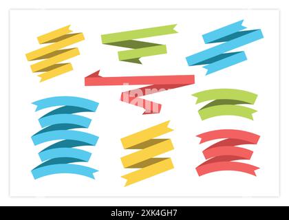 Illustrazione del set di vettori per striscioni a nastro piatto. Nastri colorati di forma piatta e curva, bandierine a scorrimento o etichette con spazio vuoto per i messaggi, isolati su bianco Illustrazione Vettoriale