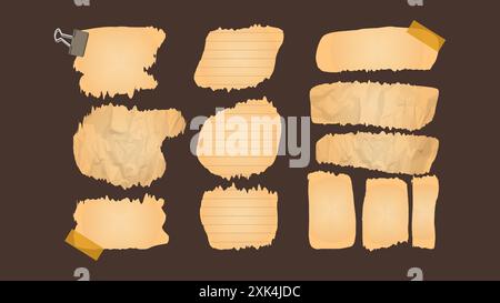 Carta ed elementi per lo scrapbooking vecchio strappato. Trame diverse ripetono i bordi irregolari. Modelli vuoti. Illustrazione vettoriale. Illustrazione Vettoriale