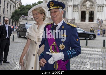 Bruxelles, Belgio. 21 luglio 2024. Regina Matilde del Belgio e Re Filippo - Filip del Belgio nella foto dopo la messa di te Deum, in occasione della giornata nazionale belga, presso la Cattedrale di San Michele e Santa Gudula (Cathedrale des Saints Michel et Gudule/Sint-Michiels- en Sint-Goedele kathedraal) a Bruxelles, domenica 21 luglio 2024. BELGA FOTO NICOLAS MAETERLINCK credito: Belga News Agency/Alamy Live News Foto Stock