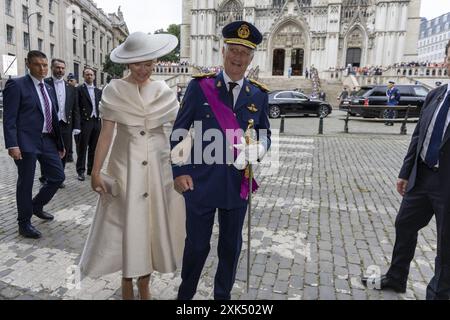 Bruxelles, Belgio. 21 luglio 2024. Regina Matilde del Belgio e Re Filippo - Filip del Belgio nella foto dopo la messa di te Deum, in occasione della giornata nazionale belga, presso la Cattedrale di San Michele e Santa Gudula (Cathedrale des Saints Michel et Gudule/Sint-Michiels- en Sint-Goedele kathedraal) a Bruxelles, domenica 21 luglio 2024. BELGA FOTO NICOLAS MAETERLINCK credito: Belga News Agency/Alamy Live News Foto Stock