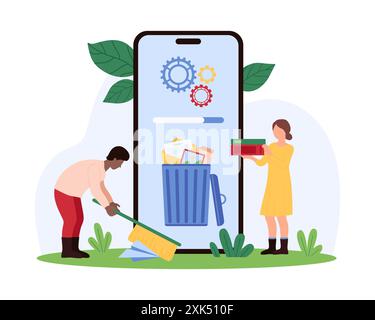 Cache di memoria e documenti di ufficio, pulizia delle cartelle con l'app mobile. Le persone più piccole eliminano e-mail e file video, immagini con scopa e cestino sullo schermo dello smartphone illustrazione vettoriale dei cartoni animati Illustrazione Vettoriale