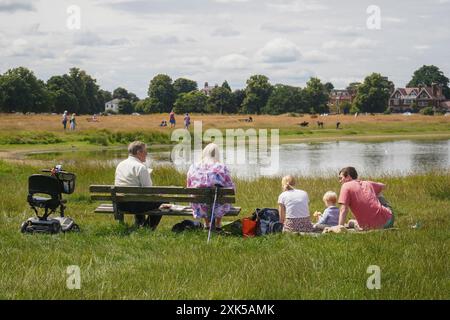 Londra, Regno Unito. 21 luglio 2024 persone che si rilassano a Wimbledon Common, a sud-ovest di Londra in una giornata mite e soleggiata dopo il giorno più caldo dell'anno il venerdì quando le temperature hanno toccato i 31C (87F) . Crediti: Amer Ghazzal/Alamy Live News Foto Stock