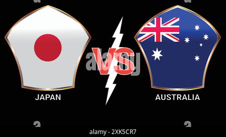 Giappone vs Australia partita di calcio con sfondo nero e contro bandiere Illustrazione Vettoriale