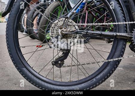 un veicolo composto da due ruote tenute in un telaio, una dietro l'altra Foto Stock