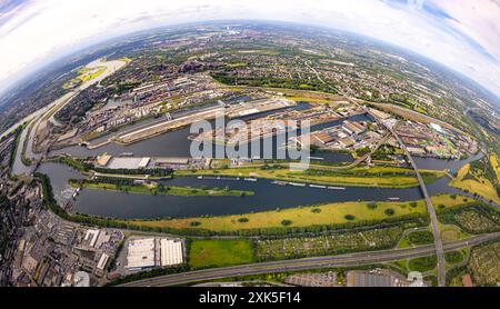 Luftbild, Duisburger Hafen, duisport fish-eye, Duisburg-Nord Hafengebiet mit Ölinsel, Kohleninsel und Schrottinsel, Autobahn A59 und Autobahn A40 mit Autobahnkreuz Duisburg, Fluss Ruhr und Rhein-Herne-Kanal, Links der Fluss Rhein und Fluss Ruhr Mündungsgebiet, Erdkugnael 360 Tiny World, Little Planet, Fisheye Bild, Ruhrort, Duisburg, Ruhrgebiet, Nordrhein-Westfalen, Deutschland ACHTUNGxMINDESTHONORARx60xEURO *** Vista aerea, porto di Duisburg, duisport fish eye, Duisburg North Harbour area con isola petrolifera, isola del carbone e isola dei rottami, autostrada Foto Stock