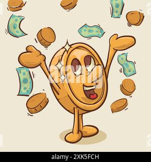 i soldi piove. una brillante mascotte di monete nel bel mezzo del concetto di denaro cadente. illustrazione vettoriale dei personaggi dei cartoni animati di una mascotte in stile vintage Illustrazione Vettoriale