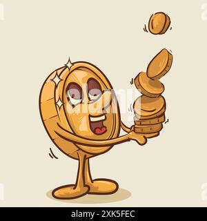 concetto di reddito. una brillante mascotte di monete riceve denaro con il concetto a due mani. immagine vettoriale del personaggio dei cartoni animati della mascotte in stile vintage Illustrazione Vettoriale