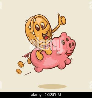 concetto di salvataggio. shine coin mascotte cavalca un concetto di volo salvadanaio. illustrazione vettoriale dei personaggi dei cartoni animati di una mascotte in stile vintage Illustrazione Vettoriale