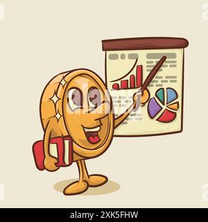 concetto di relazione finanziaria. shine coin mascotte che presenta il concetto di grafico finanziario. mascotte in stile vintage, immagine vettoriale dei personaggi dei cartoni animati Illustrazione Vettoriale