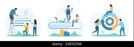 Barra di stato dell'avanzamento del caricamento nell'interfaccia utente del sito Web digitale. Le persone più piccole attendono il tempo necessario per il download e l'aggiornamento dei dati con grafici con indicatori rotondi e a linee; la diapositiva consente di alternare l'illustrazione vettoriale dei cartoni animati Illustrazione Vettoriale