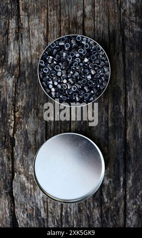 Proiettili di piombo per un fucile ad aria compressa. Proiettili per armi sportive. Una lattina di proiettili. Foto Stock