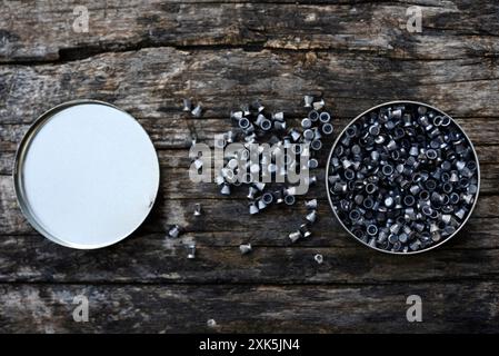 Proiettili di piombo per un fucile ad aria compressa. Proiettili per armi sportive. Una lattina di proiettili. Foto Stock