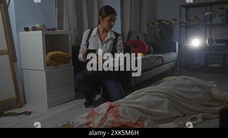 Una giovane donna ispanica indaga su una scena del crimine al chiuso simulata con tessuto macchiato di sangue, prendendo appunti. Foto Stock