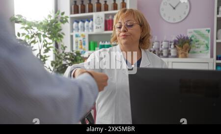 Farmacista anziana che assiste un cliente all'interno di una farmacia con scaffali di prodotti e un orologio a parete. Foto Stock