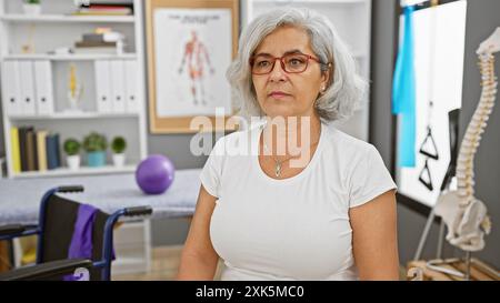 Donna matura in un ambiente clinico con manifesti medici e attrezzature di riabilitazione in background. Foto Stock