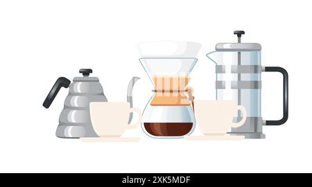 Preparazione del caffè con bollitore a collo d'oca, Chemex, pressa francese e due tazze bianche su piattini, illustrazione vettoriale su sfondo bianco isolato. Illustrazione Vettoriale