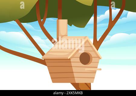 Casa per uccelli semplice e rustica con un tetto inclinato e un'entrata rotonda. La casa degli uccelli di legno è appesa a un ramo di albero. Rifugio naturale e accogliente per gli uccelli i Illustrazione Vettoriale