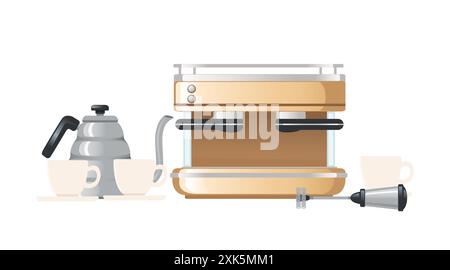 Preparazione del caffè con una grande macchina espresso, un bollitore a collo d'oca, due tazze e piattini bianchi e un pannarello, illustrazione vettoriale su uno sfondo bianco Illustrazione Vettoriale