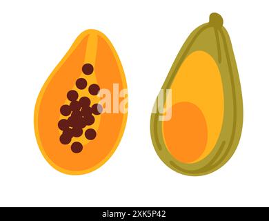 Set di due papaya, una tagliata a metà e l'altra intera. Papaya tropicale con semi. Illustrazione vettoriale isolata su sfondo bianco. Illustrazione Vettoriale