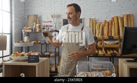 Uomo di mezza età che lavora in una panetteria circondato da pane e dolci freschi, sorridendo mentre usa le pinze per servire i clienti nell'accogliente negozio al coperto. Foto Stock