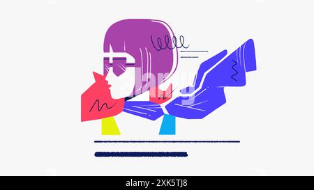 Ritratto stilizzato di una donna con Bob Cut e occhiali da sole dai colori vivaci Illustrazione Vettoriale
