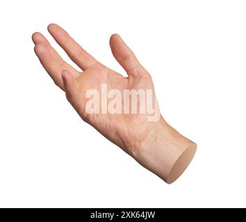 Mano che si allontana, palmo aperto che tiene qualcosa, gesto isolato su sfondo bianco. Foto Stock