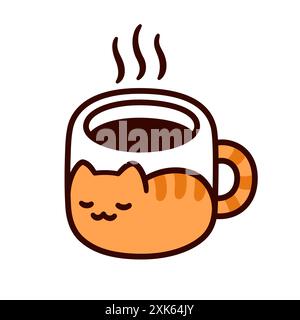 Semplice icona a forma di doodle di tazza di caffè o tazza da tè con disegno kawaii gatto allo zenzero. Carino disegno di una bevanda calda mattutina del cartone animato. Illustrazione vettoriale disegnata a mano. Illustrazione Vettoriale
