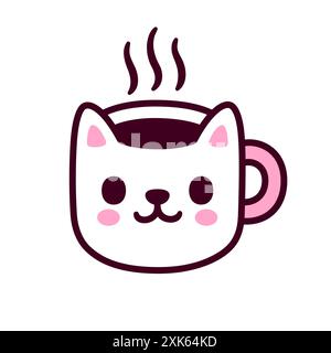 Tazza da caffè o tazza da tè semplice a forma di gatto. Carino disegno dell'icona della bevanda calda mattutina del cartone animato. Illustrazione vettoriale disegnata a mano. Illustrazione Vettoriale