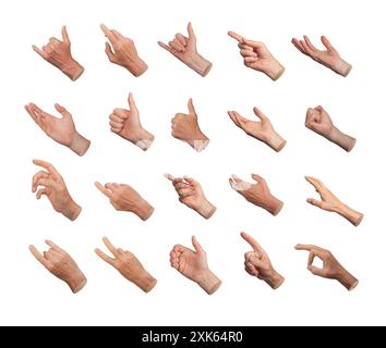 Diversi gesti delle mani, set di icone per i segni delle dita, confezione grande, raccolta isolata su sfondo bianco. Foto Stock