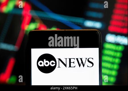 Cina. 21 giugno 2024. In questa immagine, il logo della rete televisiva americana ABC News visto su uno smartphone con un grafico dell'indice di borsa sullo sfondo. (Credit Image: © Budrul Chukrut/SOPA Images via ZUMA Press Wire) SOLO PER USO EDITORIALE! Non per USO commerciale! Foto Stock