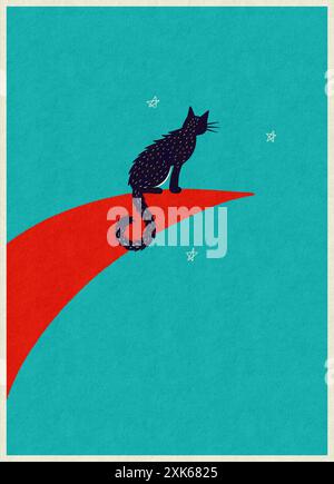 Midnight Blue Cat arroccato sulla Luna Mezzaluna con le stelle - stravagante illustrazione del cielo notturno Foto Stock