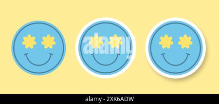 Una serie di sorridenti volti sorridenti con occhi floreali su sfondo giallo. Illustrazione Vettoriale