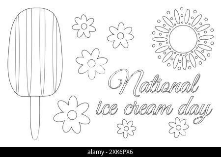 Divertente e festosa pagina da colorare per la giornata nazionale del gelato con un poppiero e elementi decorativi. Perfetto per bambini e attività estive. Illustrazione Vettoriale