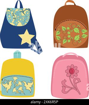 Zaini colorati e valigia per bambini e studenti. Illustrazione Vettoriale