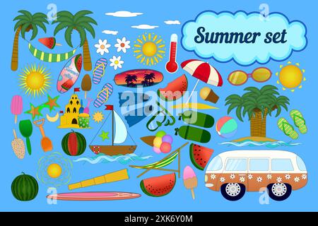 Una vivace collezione di icone a tema estivo con equipaggiamento da spiaggia, frutta ed elementi solari. Perfetto per vacanze e viaggi. Illustrazione Vettoriale