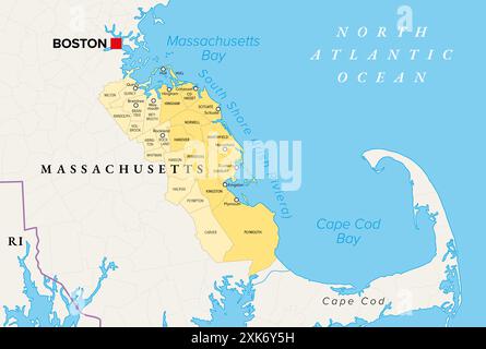 South Shore o Riviera irlandese del Massachusetts, mappa politica con i comuni. Regione geografica che si estende da Boston verso Cape Cod. Foto Stock