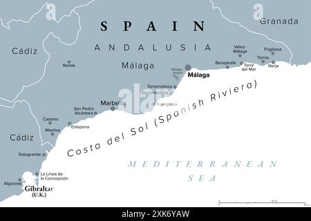 Costa del Sol, Riviera spagnola in Andalusia, mappa politica grigia. Meta turistica rinomata in tutto il mondo, una regione a sud della Spagna. Foto Stock