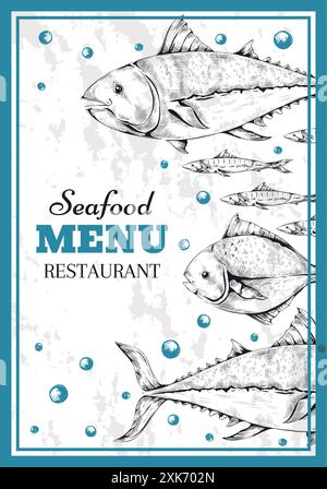 Menu di pesce. Modello di copertina per ristorante e caffetteria. Farina di pesce in stile sketch. Poster o striscione per alimenti. Cibo marino o oceanico, cucina marina deliziosa. Opuscolo o copertina. Illustrazione del vettore di sfondo Illustrazione Vettoriale