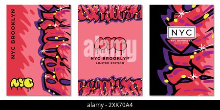 Sfondo Street art. Design di poster per vernici urbane. Spruzzare la parete in stile astratto giovanile. Graffiti di Brooklyn. Caratteri underground di New York. Granulosità. Set di banner Vector NYC Illustrazione Vettoriale