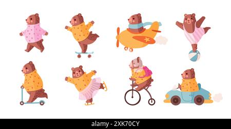 Orso divertente. Carini personaggi su uno scooter d'epoca. Adorabile animale in maglione. Giocattolo Wild boy in bicicletta o in bicicletta. Mammiferi felici in aereo. Palla da circo. Pattinaggio comico di peluche. Set di elementi del cartone animato vettoriale Illustrazione Vettoriale
