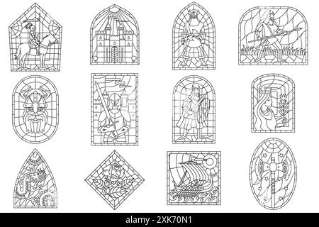 Set di vetrate colorate medievali. Decorazioni a mosaico gotico colorato per gli interni. Illustrazione vettoriale. Vichinghi, cavalieri, principessa, rosa Illustrazione Vettoriale