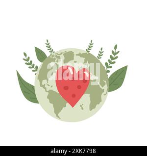 Emblema di beneficenza globale. Pianeta Terra con cuore isolato su sfondo bianco. Illustrazione vettoriale. Illustrazione Vettoriale