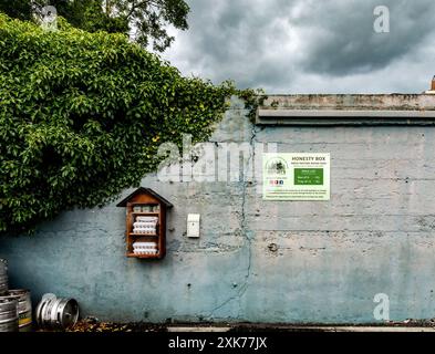 Uova di Diffley Farm in vendita lungo il lato di una strada, accompagnate da una scatola di onestà a Tarmonbarry, irlanda. Foto Stock