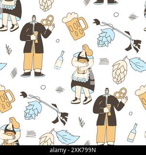 Oktoberfest persone modello senza soluzione di continuità. Personaggi con birra, pretzel e coni hop, sfondo infinito. Copertura continua per le festività autunnali. Gli amanti della birra ripetono la superficie ornamentale. Illustrazione vettoriale. Illustrazione Vettoriale