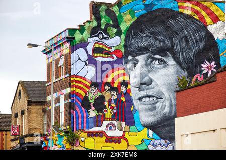 Casa d'infanzia di Ringo Starr 10 Admiral Grove, Liverpool con un murale di se stesso al Empress Pub di Toxteth, il pub che ha fatto parte del suo album Foto Stock