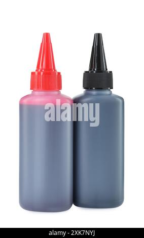 Flaconi di inchiostro per stampante diversi isolati su bianco Foto Stock