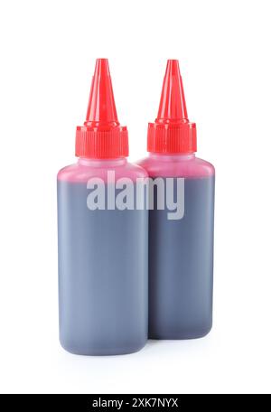 Flacone di inchiostro rosso per stampante isolato su bianco Foto Stock